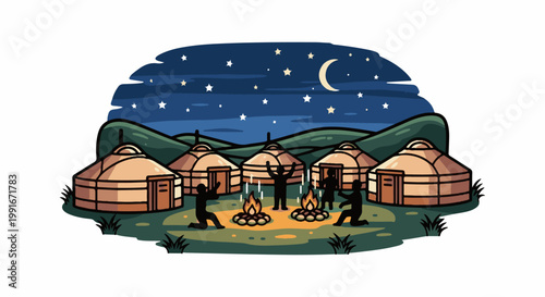 Campfire gathering at yurts under a starry night sky