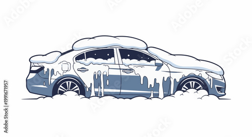 Car covered in snow and ice, with melted snow dripping down