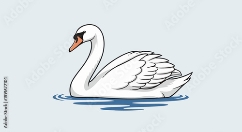 Cartoon white swan with orange beak swims serenely on calm blue water