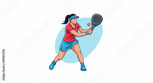 Cartoon woman playing padel tennis, hitting ball with racquet