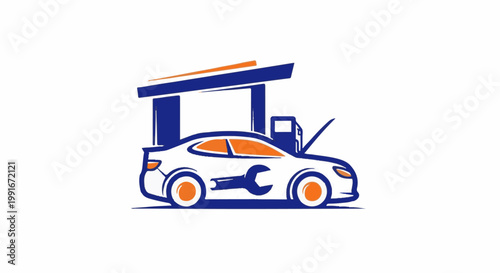 Car service station with a wrench emblem on a white car