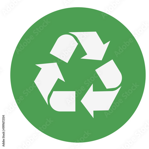 Green circle with white recycling arrows, classic sustainability symbol, ecology concept vector icon.