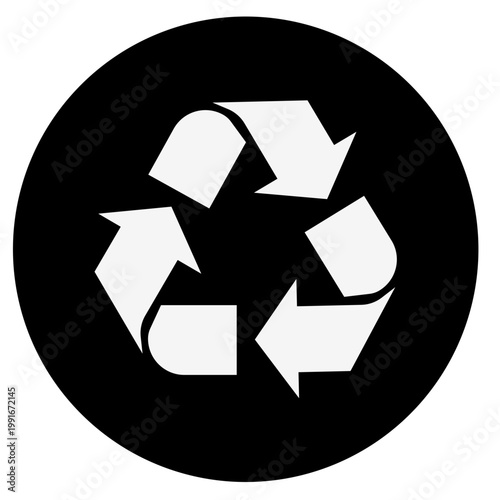 Black circle with white recycling arrows, classic sustainability symbol, ecology concept vector illustration.
