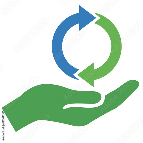 Green hand holding blue and green circular arrows, sustainability symbol, ecology concept illustration.