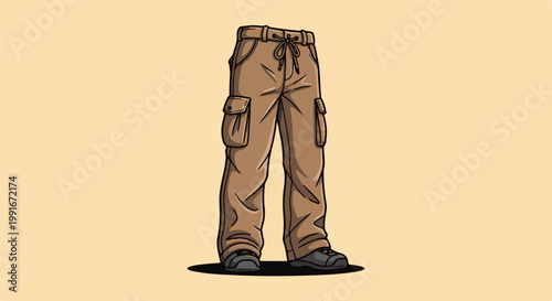 Cartoonish brown cargo pants with pockets, tied waist, and shoes