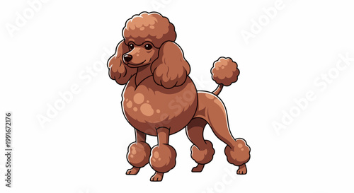 Cartoonish brown poodle with a fluffy curly coat and pom-pom accents on legs