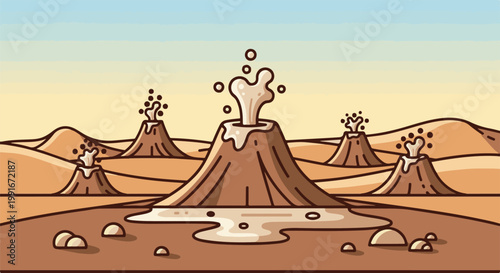 Cartoonish geysers erupting in a dry, sandy landscape under a pale sky
