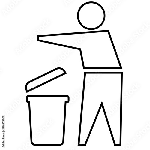 Person throwing trash in bin, line art illustration, proper waste disposal behavior, vector icon.