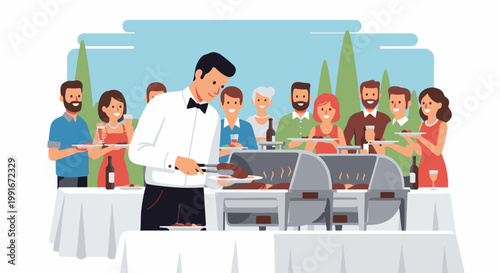 Catering service with server and guests choosing food from chafing dishes