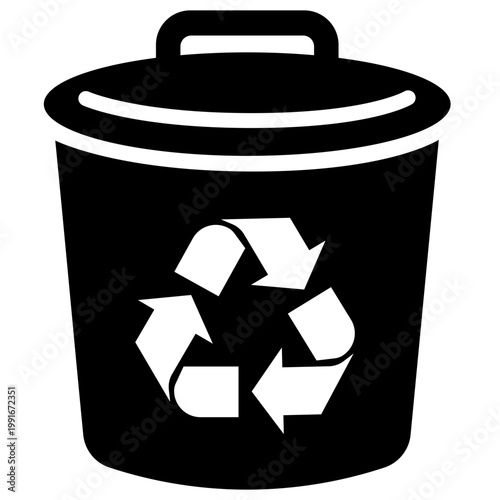 Black trash can with recycling symbol, waste disposal bin, ecology icon vector graphic.