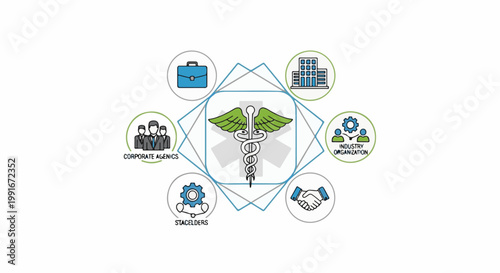 Central medical symbol surrounded by icons representing business, organization, and people