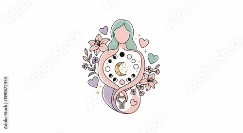 Celestial woman holding uterus, surrounded by flowers, moon phases, and hearts