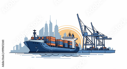 Cargo ship and cranes at port with city skyline and sun graphic