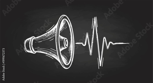 Chalk drawing of a megaphone broadcasting a sound wave on a blackboard