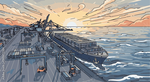 Cargo ship at port during sunset, with cranes, containers, and forklifts