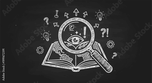 Chalkboard drawing of eye on book under magnifying glass with symbols