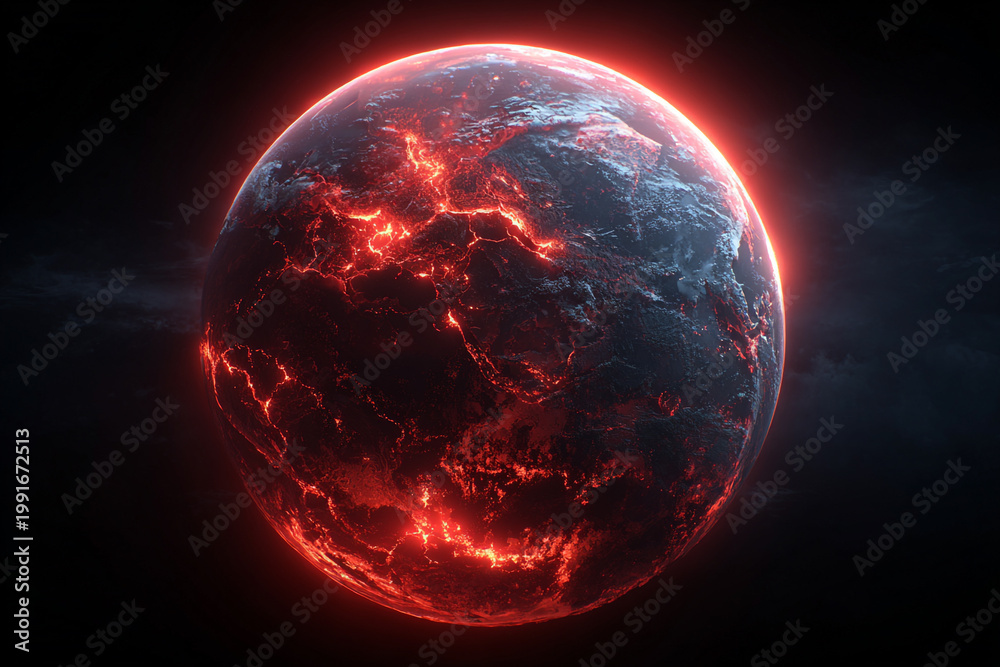 Fototapeta premium glowing alien planet with fiery surface and magma fissures in deep space