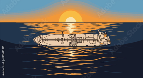 Cargo ship sailing on the ocean during a vibrant sunset