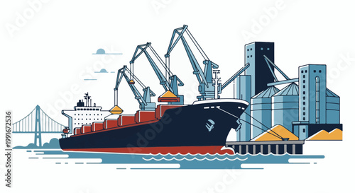 Cargo ship unloading at industrial port with cranes and silos