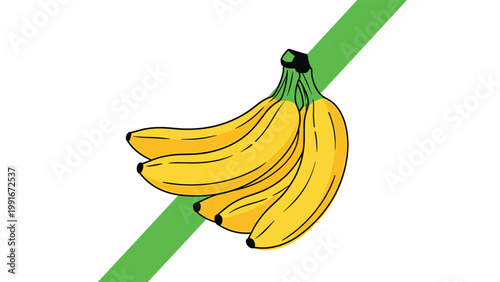 Small bunch of yellow bananas is placed over a thick green diagonal stripe in a modern and minimalist food illustration.
