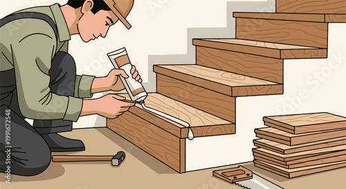 Carpenter applying sealant to wooden stair riser with tools nearby