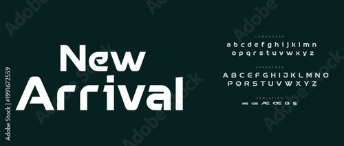 A modern advertisement display with a bold New Arrival sign and alphabet letters on a dark background