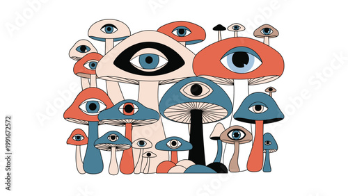 Surreal cluster of mushrooms with eyes on their caps creates a dreamlike and trippy composition in red blue and cream tones.