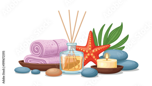 Relaxing spa arrangement includes rolled towels aromatic oil with reeds a red starfish and a burning candle with stones.