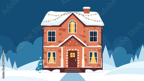 Large two story brick house decorated with festive colorful Christmas lights and garlands in a beautiful snowy winter night scene.
