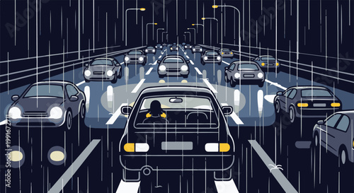 Cars stuck in heavy rain on a dark, busy highway at night