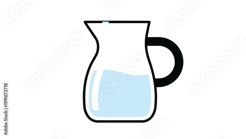 Simple vector illustration of a clear glass pitcher or jug partially filled with fresh blue water against a plain white background.