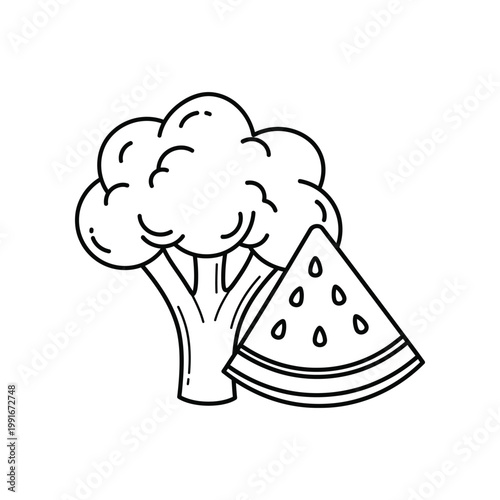 Broccoli and slice of watermelon icon for healthy nutrition and balanced diet food menu design