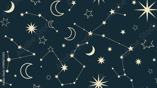 Elegant celestial seamless pattern featuring white constellations, crescent moons, and sparkling stars on a deep dark blue night sky.