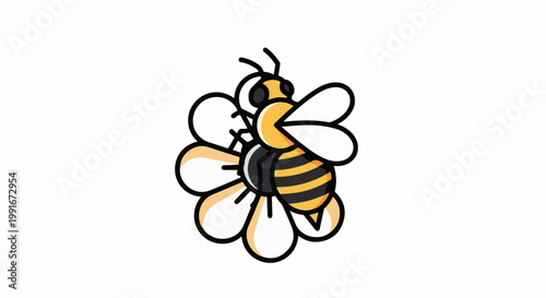 Cartoon bee with yellow and black stripes on a simple white flower