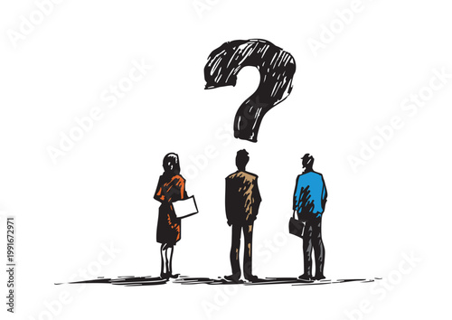 選択に迷うビジネスパーソンと大きな疑問符の概念イラスト
