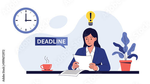 Illustration of a focused businesswoman working at her desk with a deadline notification and a clock in a modern office setting.