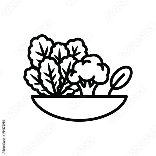 Fresh salad bowl with leafy greens and broccoli florets for healthy food and nutrition concept isolated black and white line art vector graphic icon