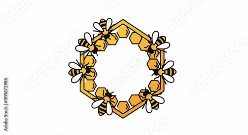 Cartoon bees and honeycomb form a circular frame on a white background