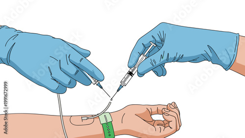 Medical illustration showing gloved hands performing an injection into an intravenous catheter on a patients arm with care.