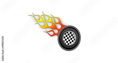 Burning racing tire with a checkered pattern moving at a high speed