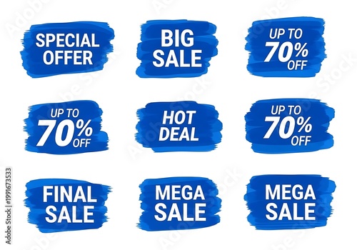 Blue sale and discount promotional banners with up to 70% off offers