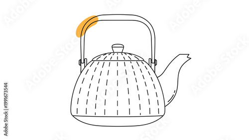 Stylized line art illustration of a traditional tea kettle with vertical stripes and a splash of orange color on its handle.