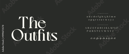A stylish typography design with the words 'The Outfits' and an alphabet layout on a dark background