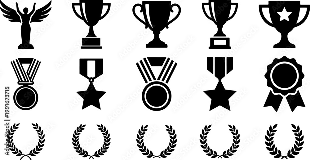 Naklejka premium Collection of award icons: trophies, medals, and laurel wreaths on white background