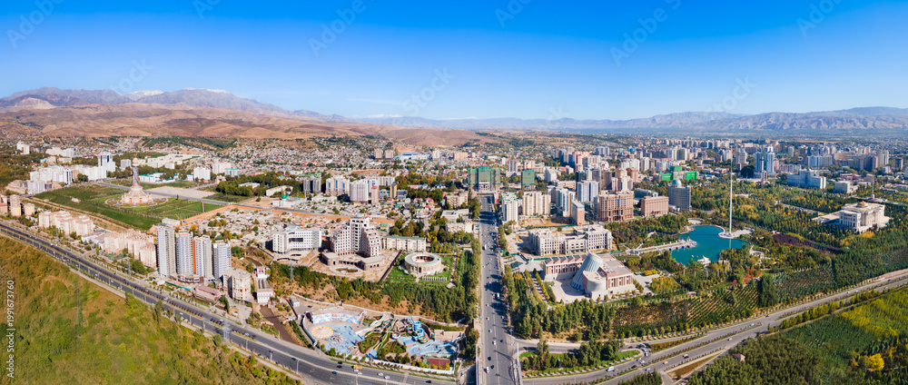Fototapeta premium Dushanbe city aerial panoramic view in Tajikistan