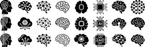AI Brain Icons: Technology, Neural Network, and Artificial Intelligence Concepts