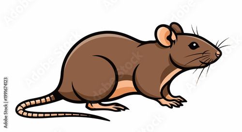 Cartoon brown rodent with a long segmented tail and whiskers