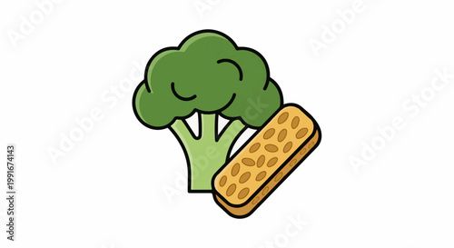Cartoon broccoli and a block of tempeh