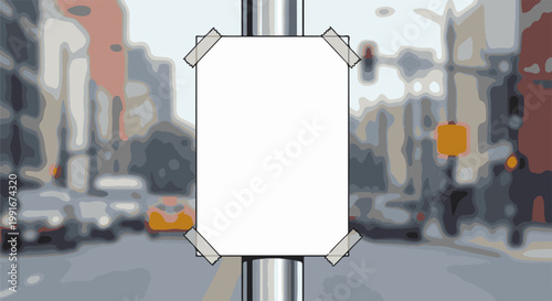 Blank poster taped to a pole with an abstract city street background