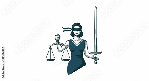 Blindfolded figure holds scales and sword